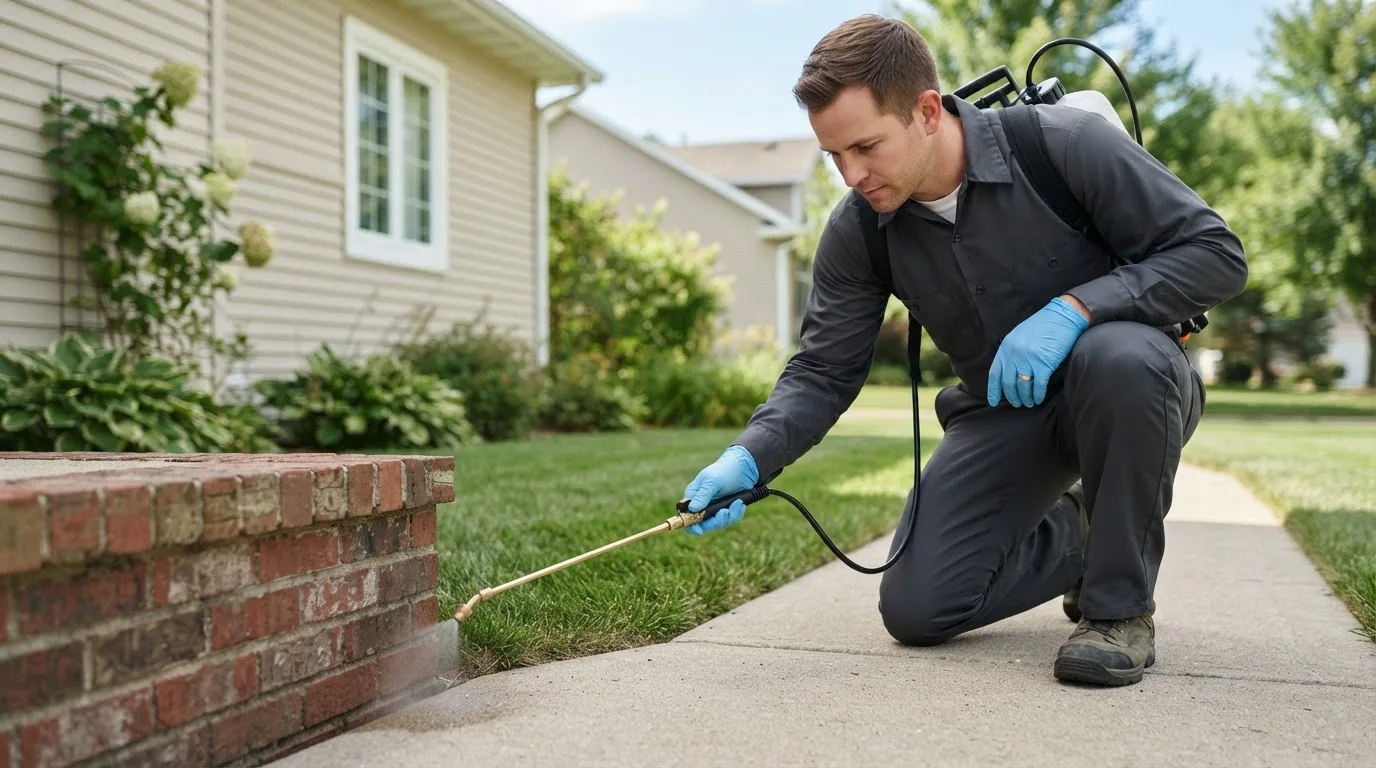 Pest control technician treating a home near Kincaid, IL